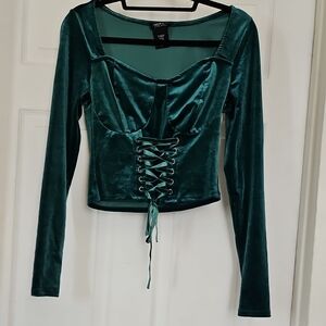 Teal Velvet Lace-Up Top